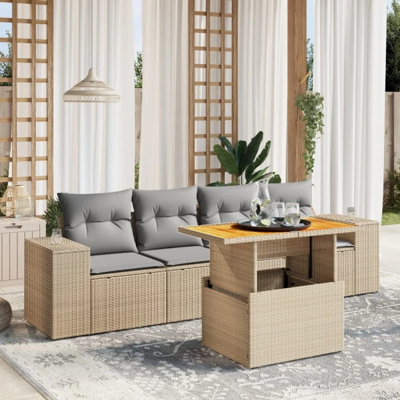 5-dele havesofasæt i polyrattan med hynder - beige