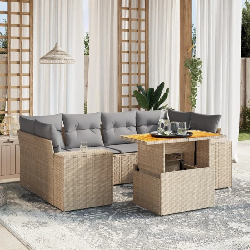 Havesofasæt 7 dele i polyrattan beige med hynder
