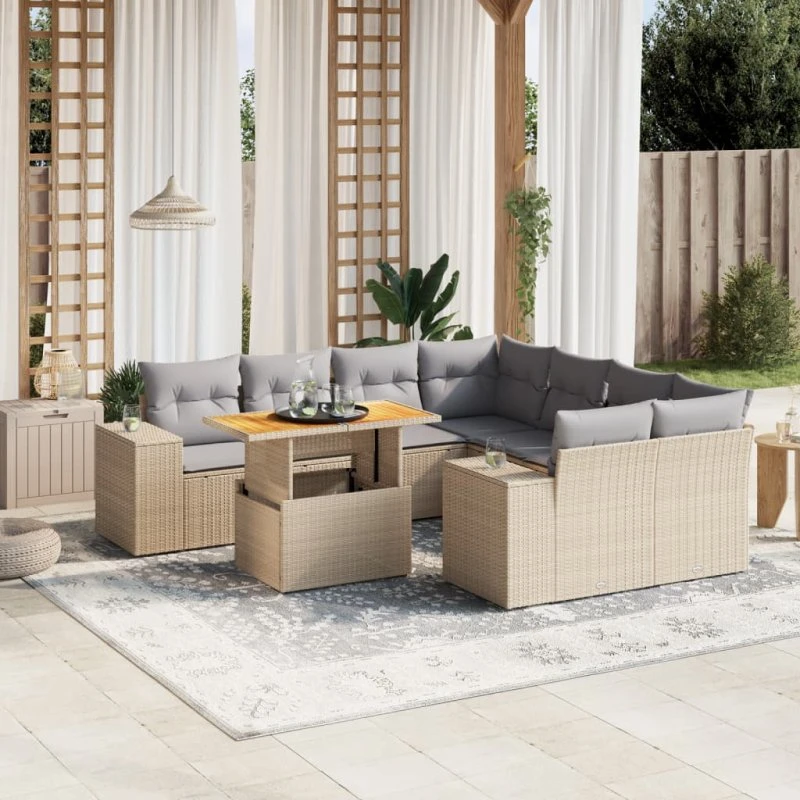 9-dele havesofasæt i polyrattan med hynder, beige