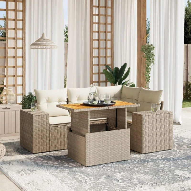 Havesæt i polyrattan 5 dele med hynder - Beige