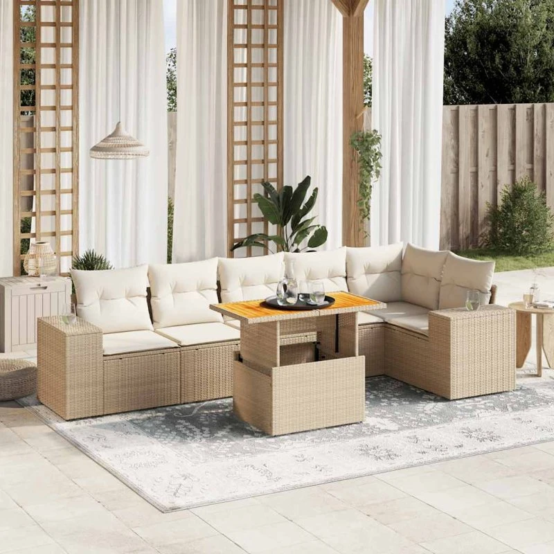 Sofasæt til haven 7 dele i polyrattan med hynder - beige