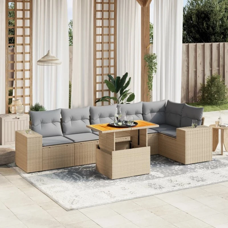 Havesofasæt 7 dele polyrattan beige med hynder