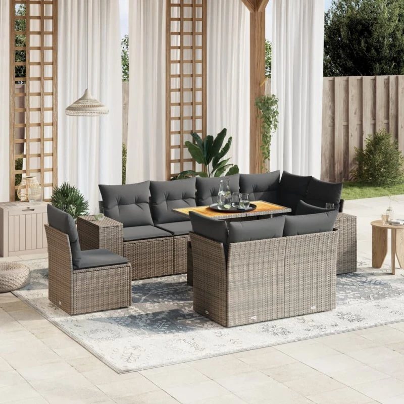 9-delers havemøbelsæt i polyrattan med hynder, grå