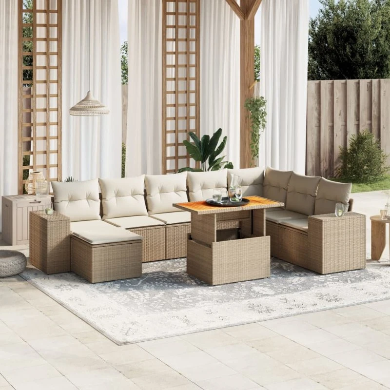 Havesofasæt 9 dele i polyrattan - beige