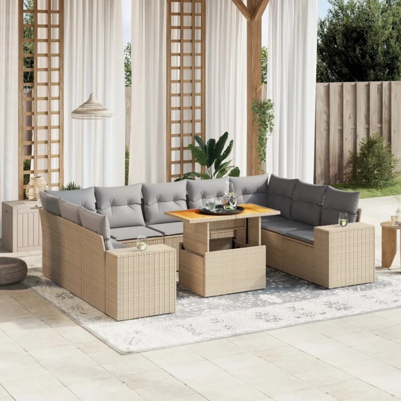 Sofasæt til haven 10 dele i beige polyrattan