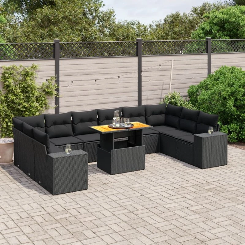 Havesofasæt 11 dele i polyrattan med hynder - sort