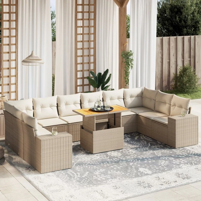11-del havesofasæt i polyrattan med hynder – beige