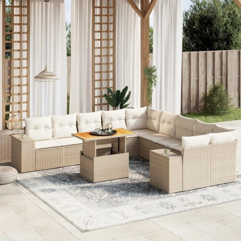 Havesofasæt 11 dele i polyrattan - beige med hynder