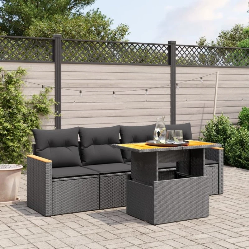 Havesofasæt 5 dele i sort polyrattan med hynder