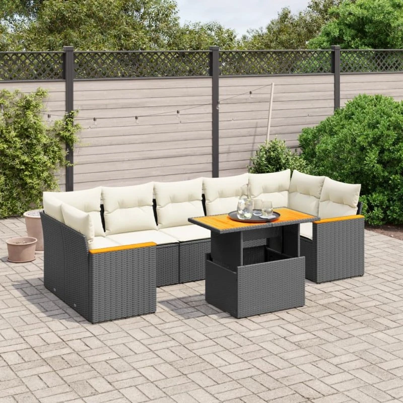Havesofasæt 8 dele i sort polyrattan inkl. hynder