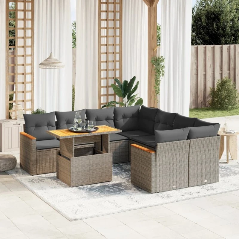 Havesofasæt 9 dele i polyrattan med hynder - Grå