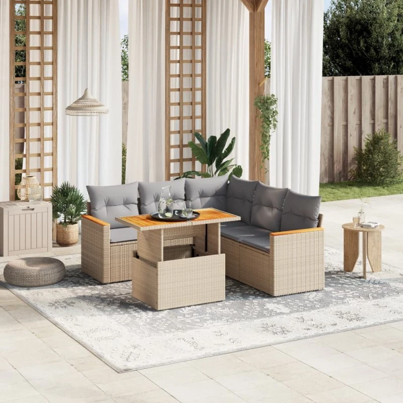Havesofasæt 6 dele i polyrattan med hynder - Beige