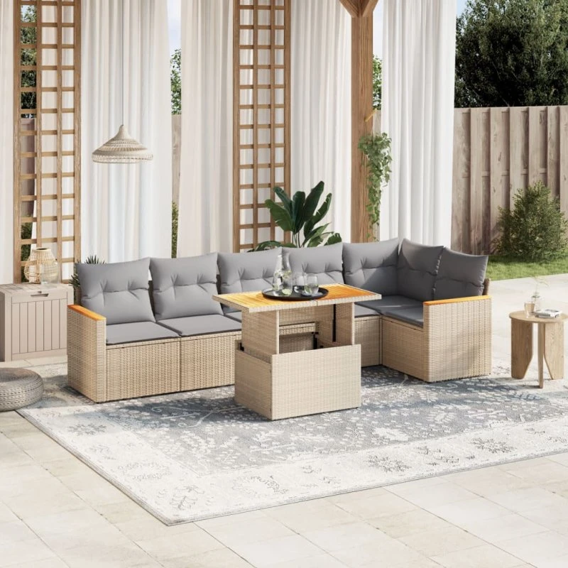 Sofasæt til haven 7 dele i polyrattan med hynder - beige