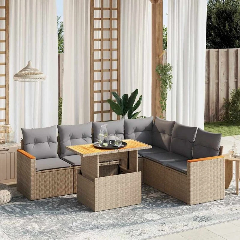 Sofasæt til haven 7 dele i polyrattan - beige