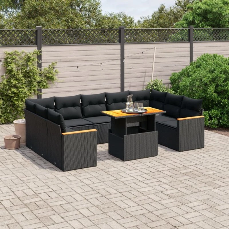 Havesofasæt 11 dele i sort polyrattan inkl. hynder