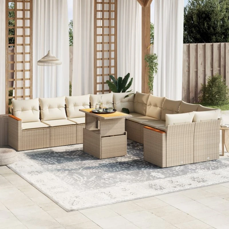 Havesofasæt i polyrattan 11 dele med hynder - beige