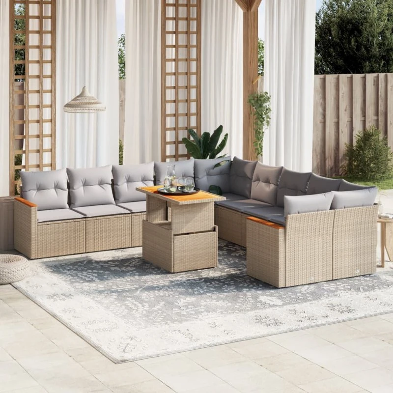 Havesofasæt 11 dele i beige polyrattan med hynder