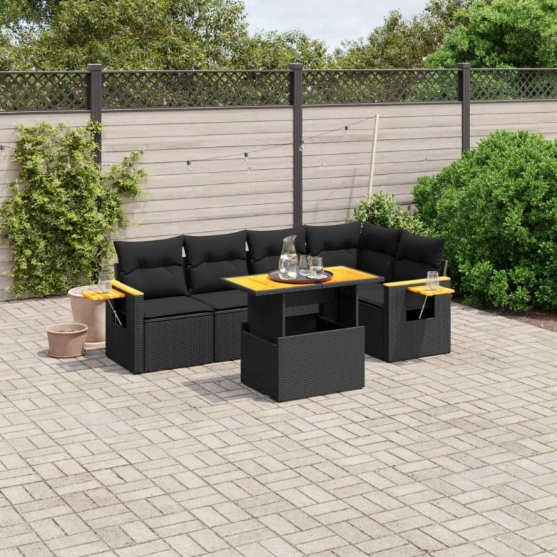 Havesofasæt 6 dele i sort polyrattan med hynder
