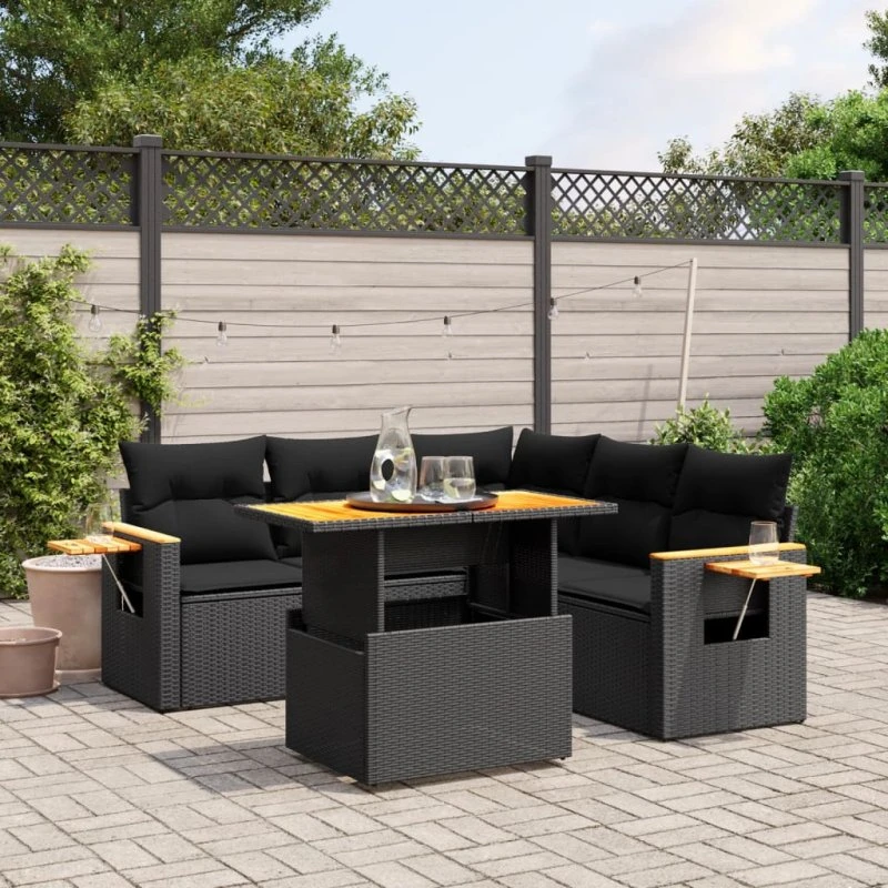 Havesofasæt 6 dele i sort polyrattan med hynder