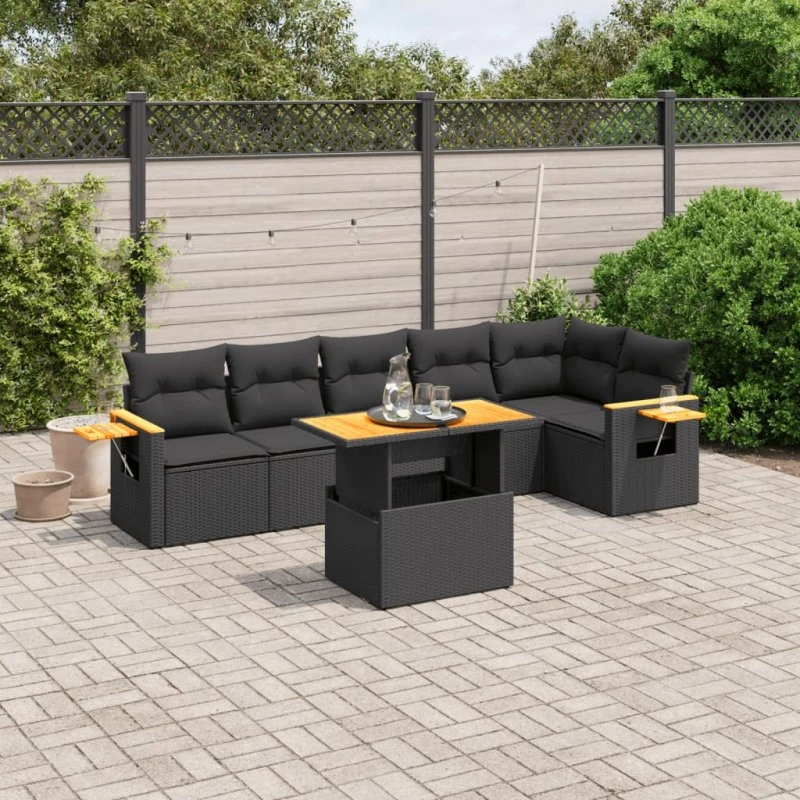 Sofasæt til haven 7 dele i polyrattan - sort