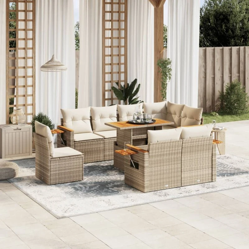 9-dele havemøbelsæt i polyrattan med hynder - beige
