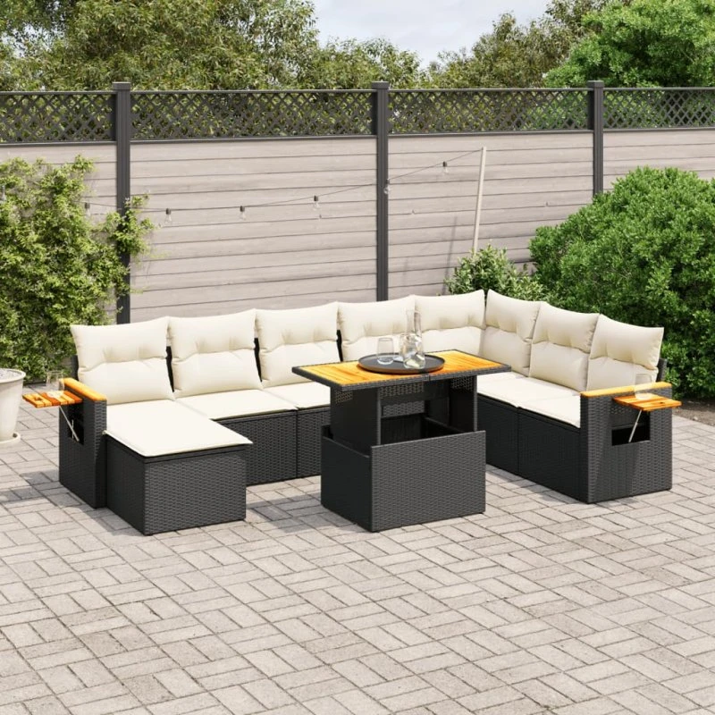 Havesofasæt 9 dele i sort polyrattan med hynder