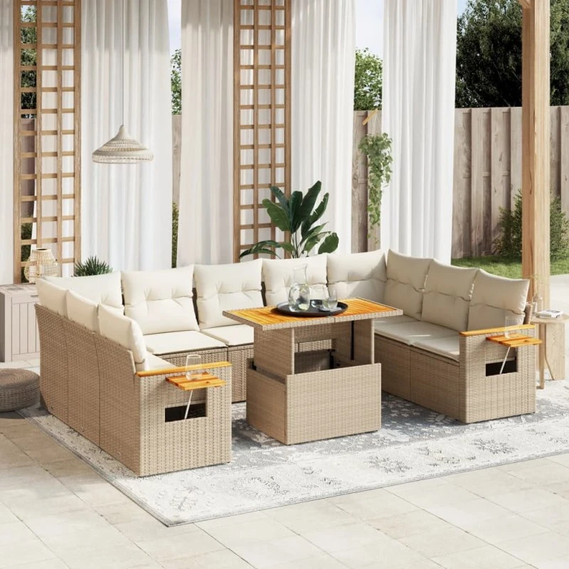 Havesofasæt 11 dele polyrattan med hynder - Beige