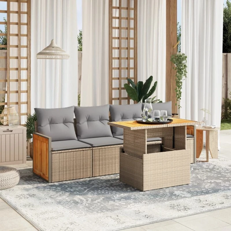 Sofasæt til haven 5 dele i polyrattan - beige