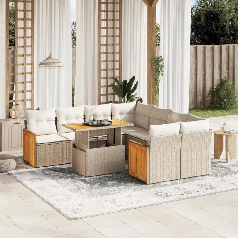 9-dele havemøbelsæt i polyrattan med hynder - beige
