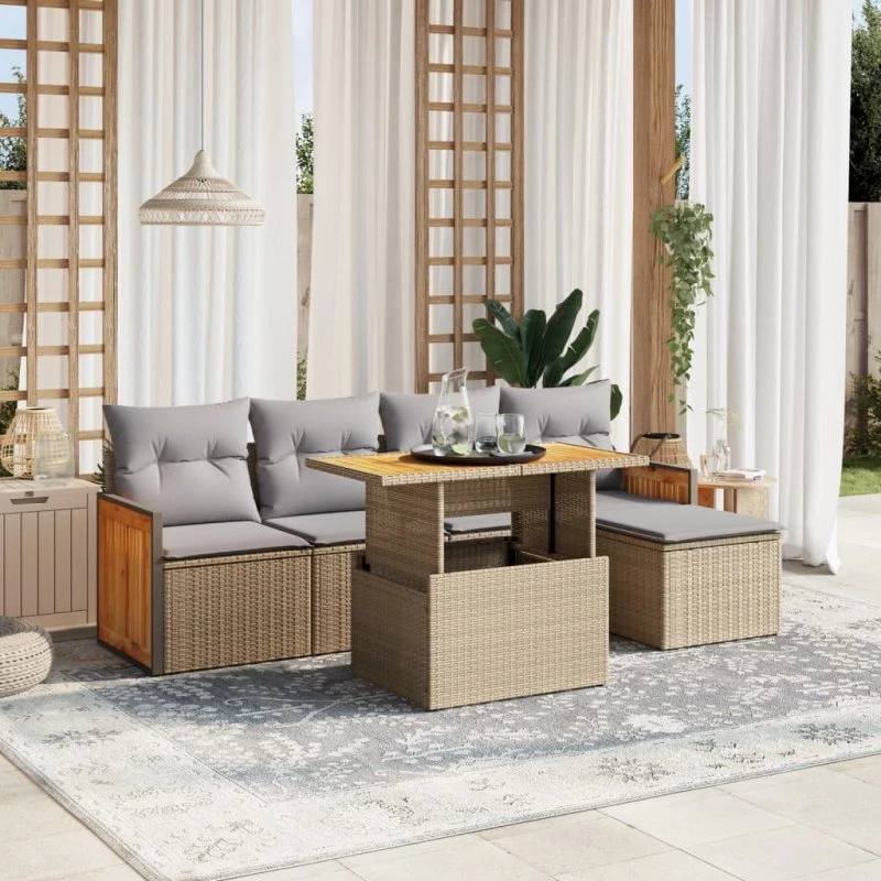 Sofasæt til haven 6 dele i polyrattan med hynder - beige
