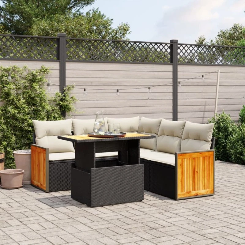Havesofasæt 6 dele i sort polyrattan med hynder