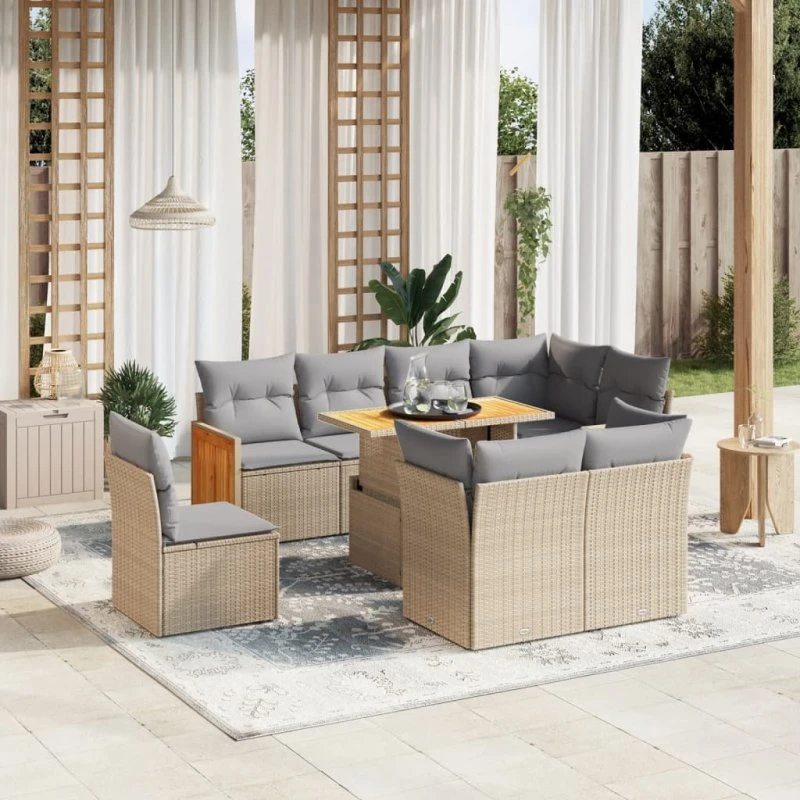 Sofasæt til haven 9 dele i beige polyrattan