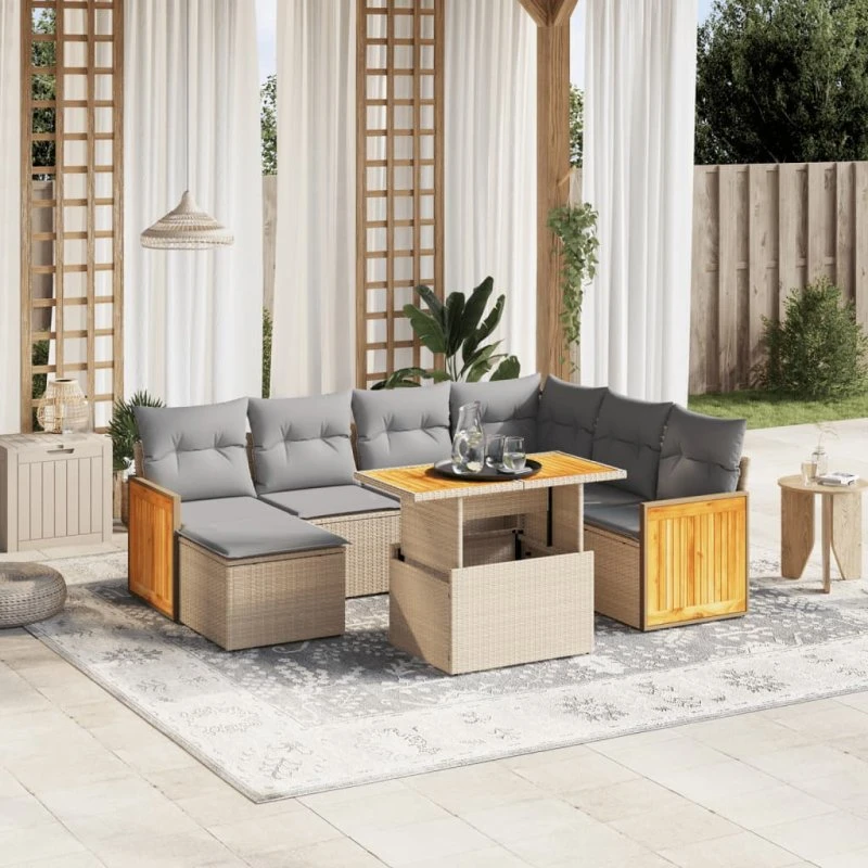 8-dele havemøbelsæt i polyrattan med hynder – beige
