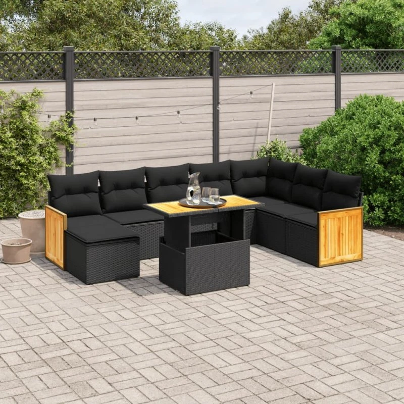 Havesæt 9 dele i sort polyrattan med hynder