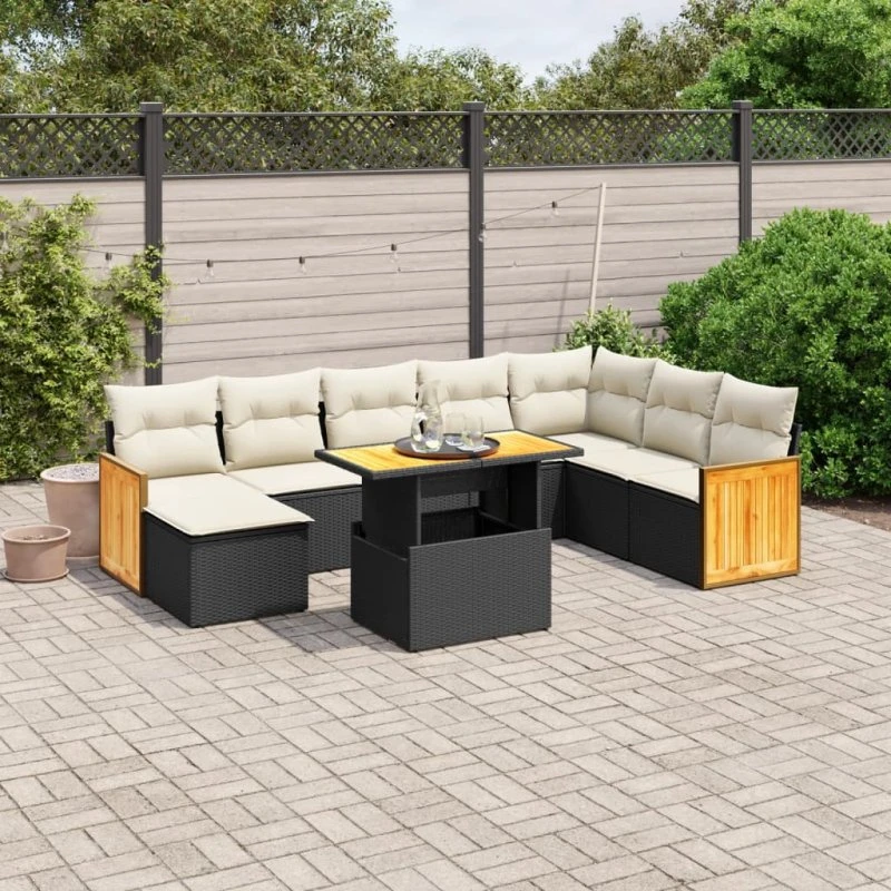 Havesofa sæt 9 dele i sort polyrattan med hynder