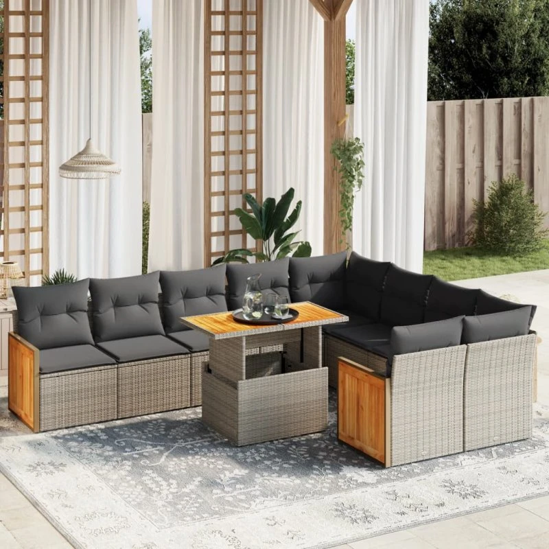 Sofasæt til haven 10 dele i grå polyrattan med hynder