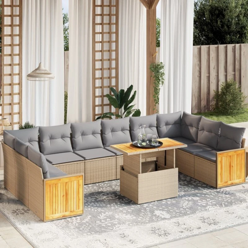 11-delers havesofasæt i polyrattan med hynder, beige