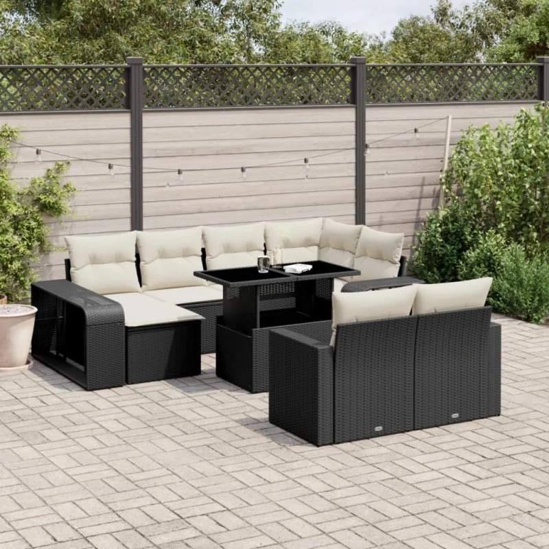 11-dele havesofasæt i sort polyrattan med hynder