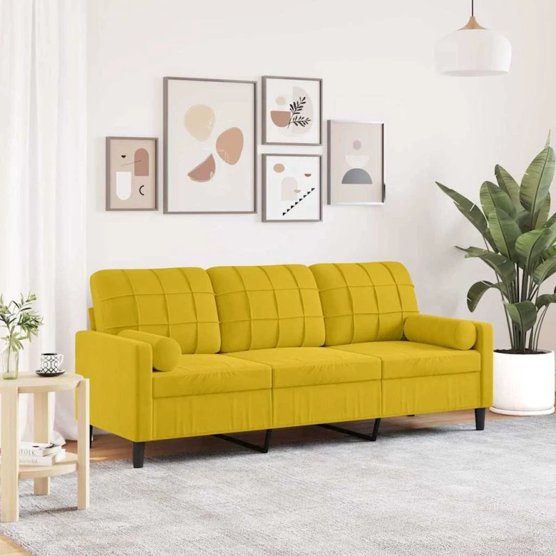 3-personers sofa i gul velour 180 cm med pyntepuder