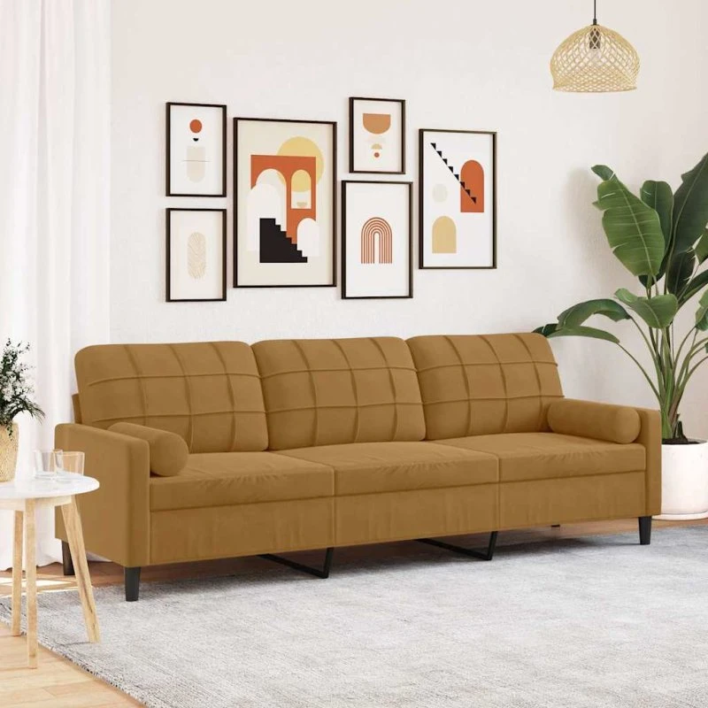 3-personers velour sofa 210 cm brun med pyntepuder