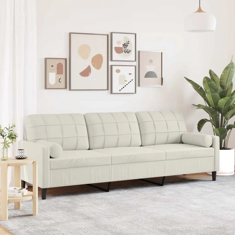 3-personers velour sofa 210 cm - creme med pyntepuder