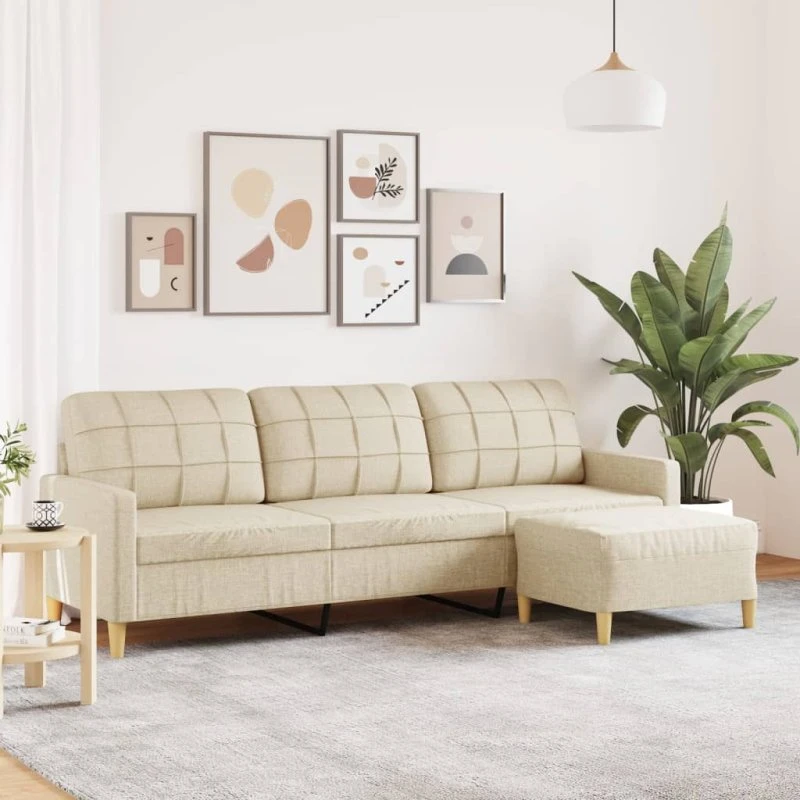 3-personers sofa med fodskammel 210 cm - creme stof