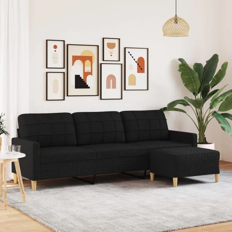 3-personers sofa med fodskammel 210 cm – sort stof