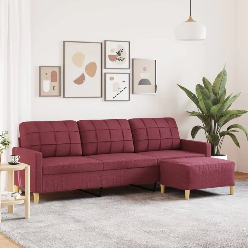 3-personers sofa med fodskammel 210 cm i vinrød stof