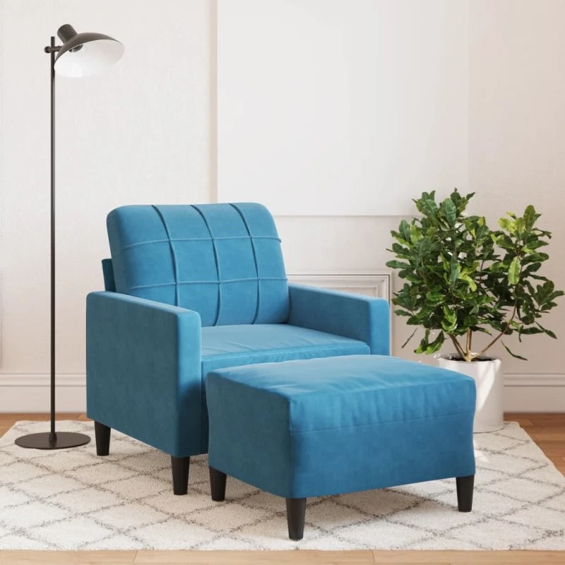 Sofastol med fodskammel 60 cm - blå velour