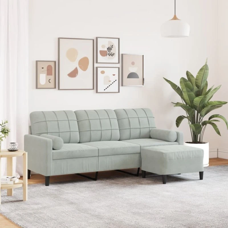 3-personers velour sofa med fodskammel 180 cm - lysegrå