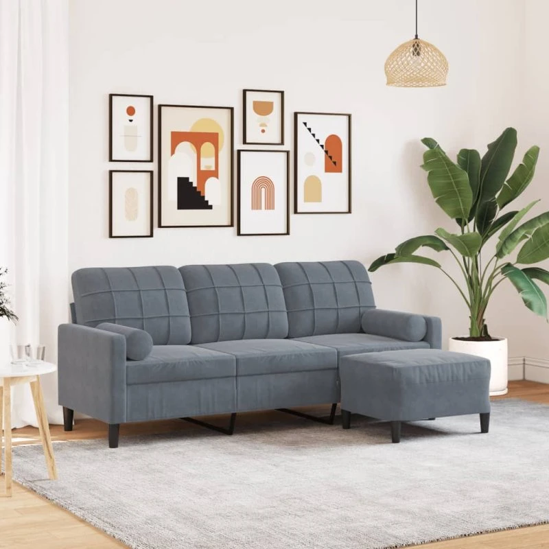 3-personers velour sofa med fodskammel 180 cm – mørkegrå