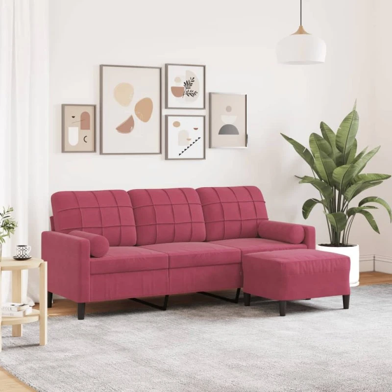 3-personers velour sofa med fodskammel 180 cm – vinrød