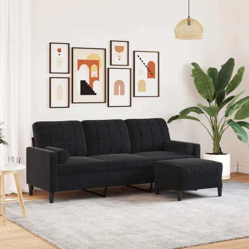 3-personers velour sofa med fodskammel 180 cm – sort