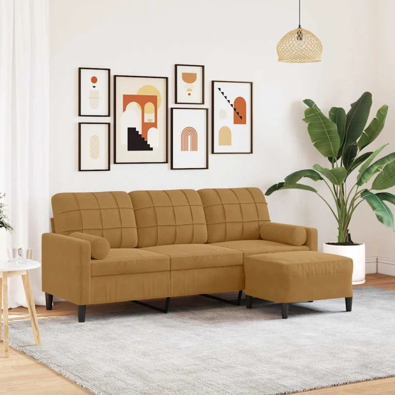 3-personers veloursofa m. fodskammel 180 cm, brun